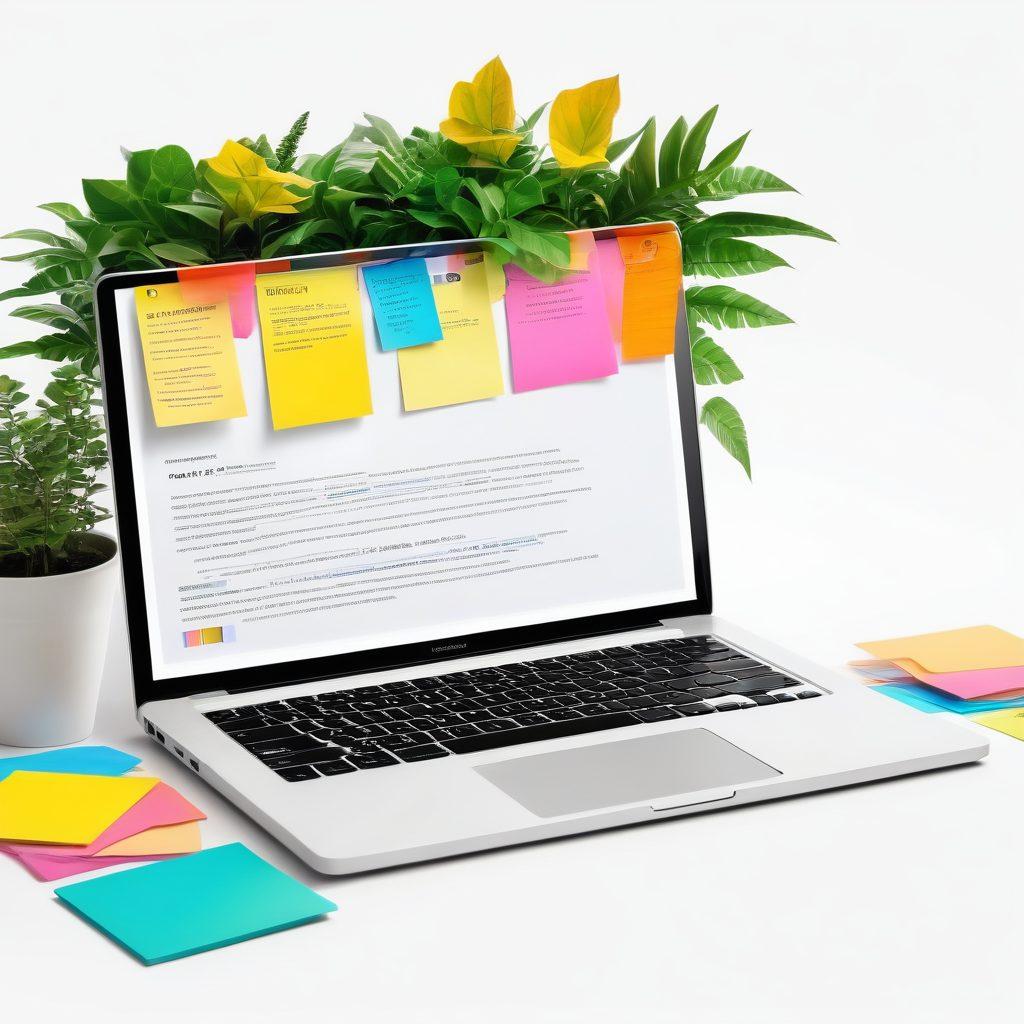 A vibrant, open laptop displaying a colorful, well-designed resume filled with positive attributes and achievements. Surround the laptop with cheerful elements like colorful sticky notes, a plant, and a cup of coffee, symbolizing motivation and growth. Add light rays and sparkles to convey a sense of joy and success. super-realistic. vibrant colors. white background.