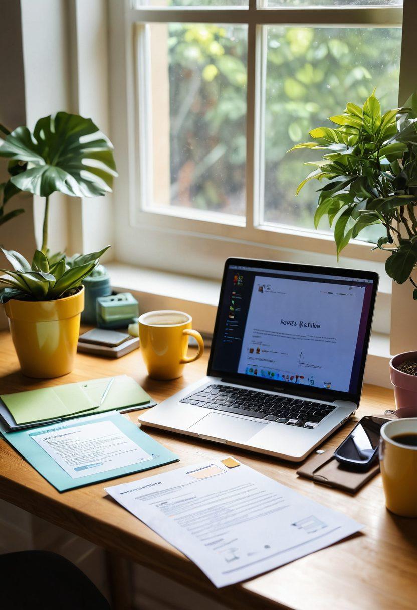 A creative workspace filled with vibrant stationery, colorful notes, and a laptop displaying a beautifully designed resume. In the background, a sunbeam shines through a window, symbolizing optimism and success. A cup of coffee rests on the desk, and a potted plant adds a touch of life. The overall atmosphere is bright, inviting, and inspiring. super-realistic. vibrant colors. soft focus.