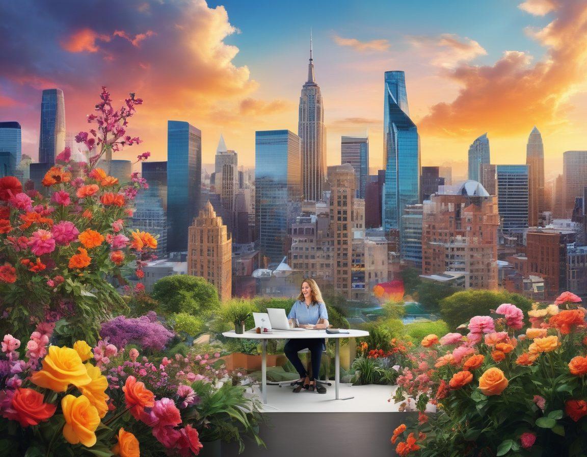 A vibrant collage featuring a diverse group of professionals joyfully engaging in collaborative workspaces, highlighting their unique journeys. Include elements symbolizing growth, like blooming flowers and upward arrows, along with cheerful colors and expressive facial emotions to convey positivity and enthusiasm. The background can feature an inspiring cityscape, representing opportunities. super-realistic. vibrant colors. uplifting atmosphere.